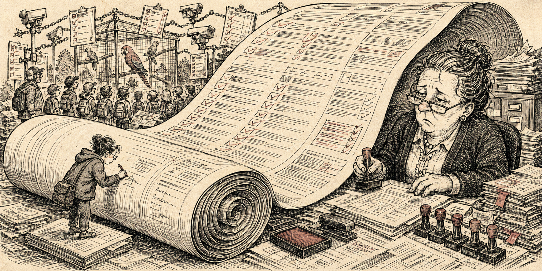Editorial cartoon of an enormous overcomplicated school field trip permission slip