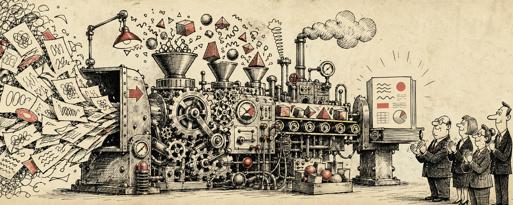 Editorial cartoon of a bureaucratic strategic plan machine producing polished reports