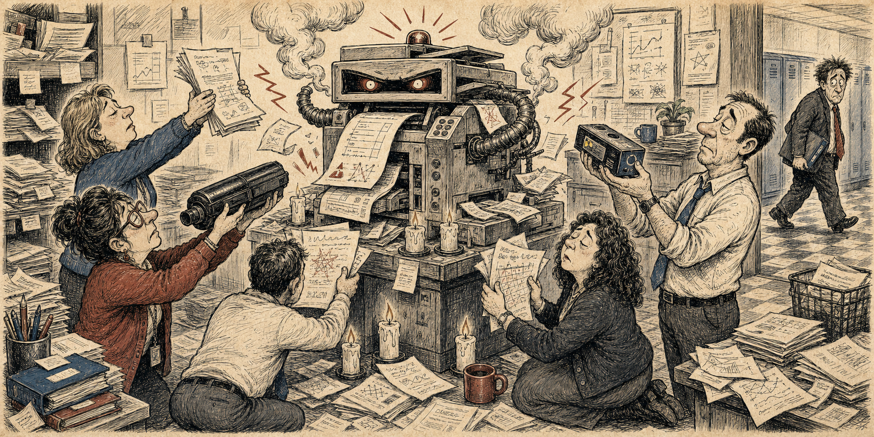 Editorial cartoon of teachers offering paper and toner to a demanding school copier