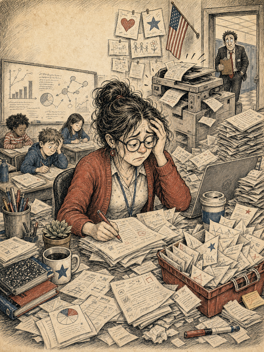 Satirical editorial cartoon of a teacher surviving classroom chaos with grading piles, supplies, and a background administrator cameo
