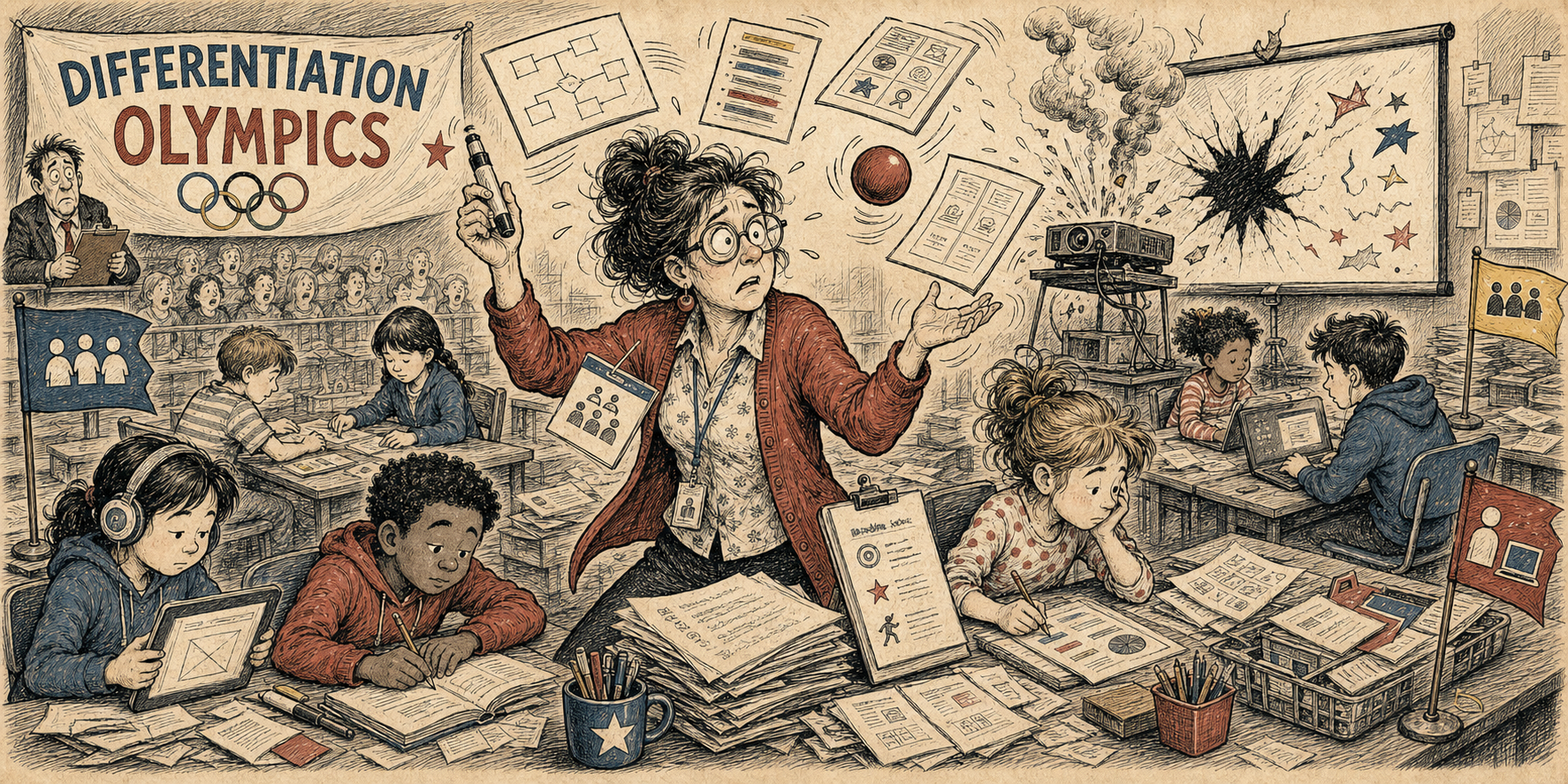 Editorial cartoon of a teacher competing in classroom differentiation Olympics with stations and supports