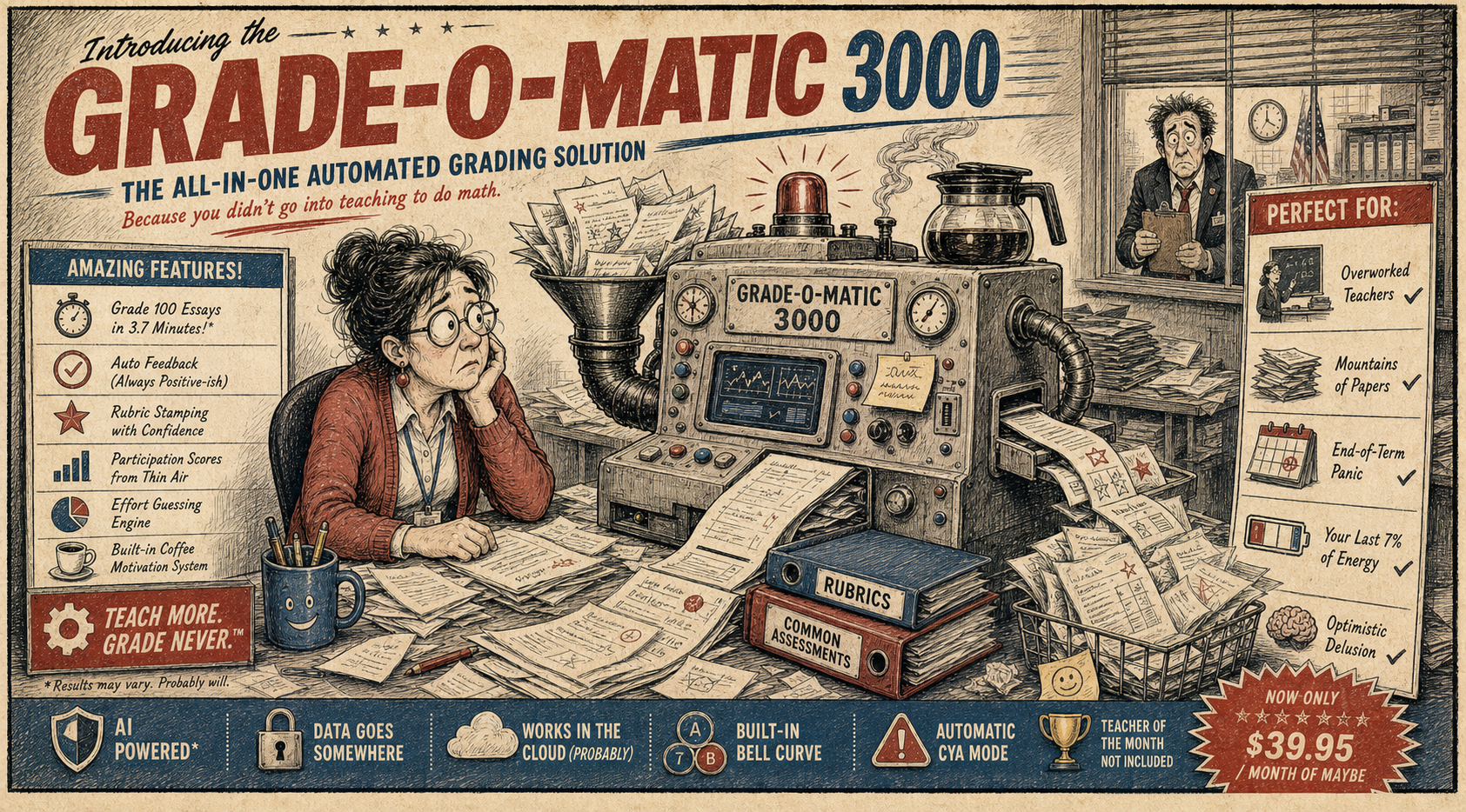 Editorial cartoon fake advertisement for a ridiculous essay grading machine watched by a tired teacher