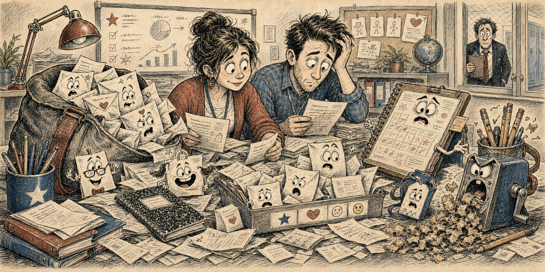 Editorial cartoon of a classroom mailbag overflowing with notes from students, parents, teachers, and classroom objects