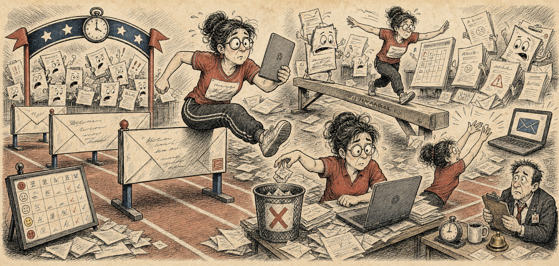 Editorial cartoon of a teacher competing in an athletic event made of parent emails and gradebook hurdles