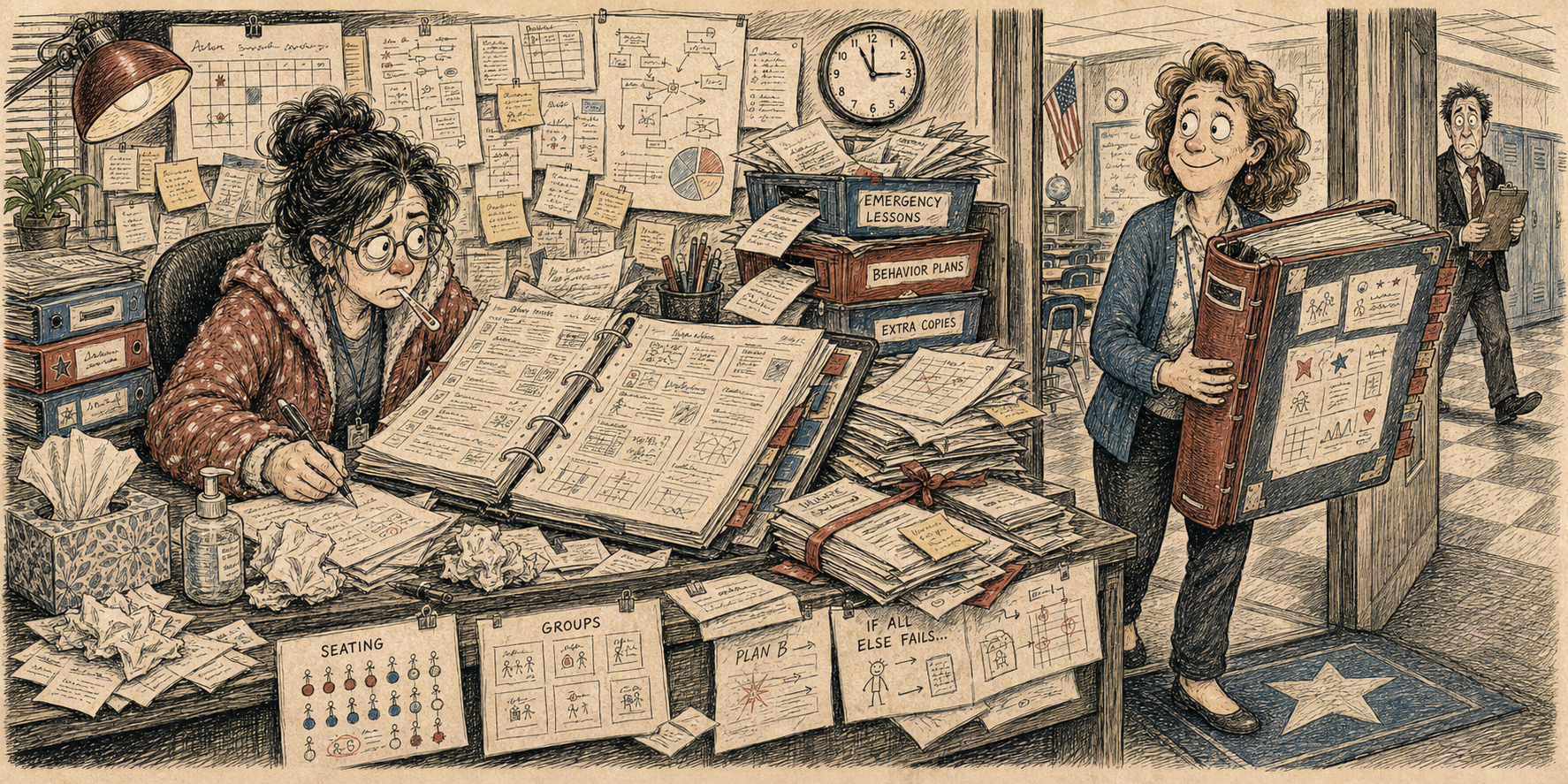 Editorial cartoon of a sick teacher creating an enormous sub plan binder for a substitute