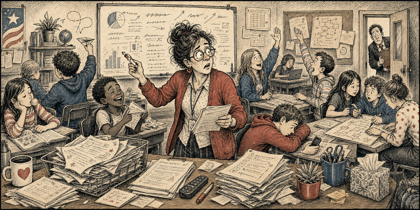 Editorial cartoon of a teacher leading a classroom while many unrelated classroom events unfold
