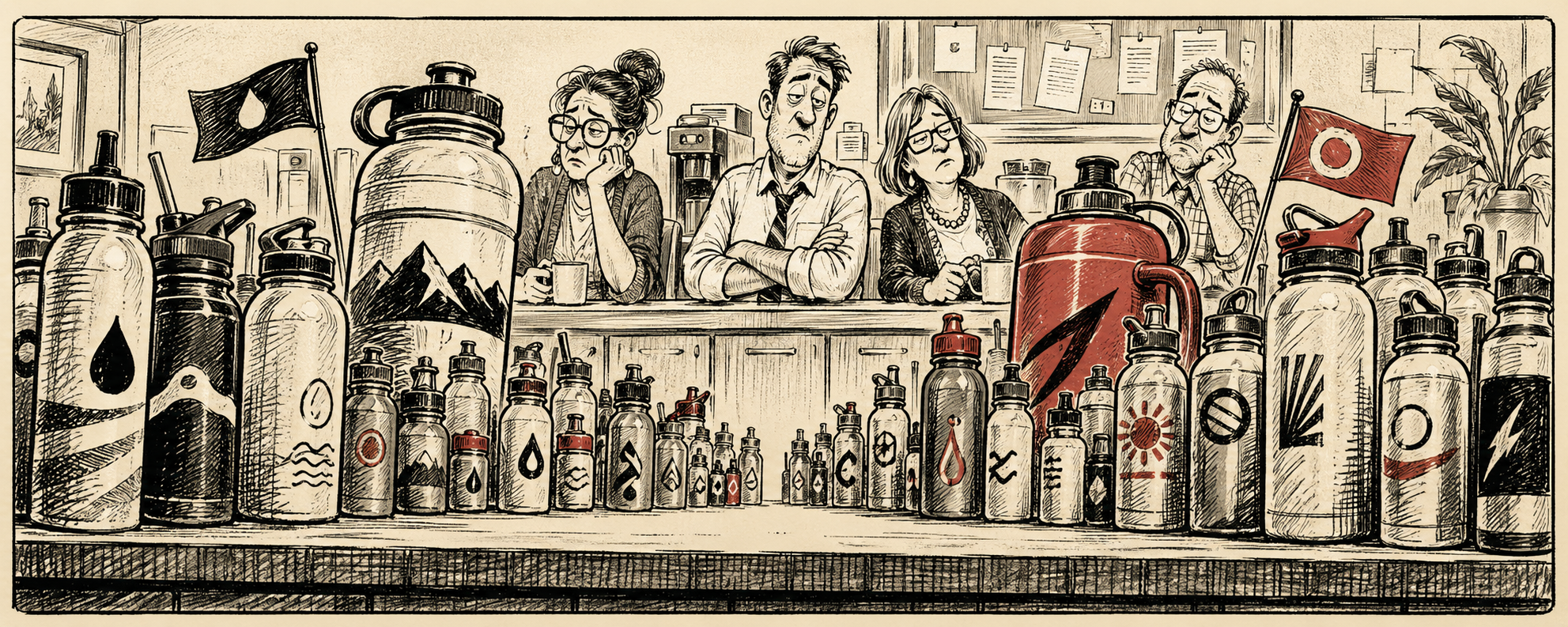 Editorial cartoon of rival water bottles crowding a faculty lounge counter